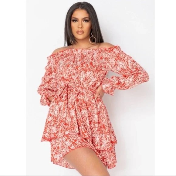 Dresses & Skirts - Red Floral Print Long Sleeve Off Shoulder Tiered Mini Dress